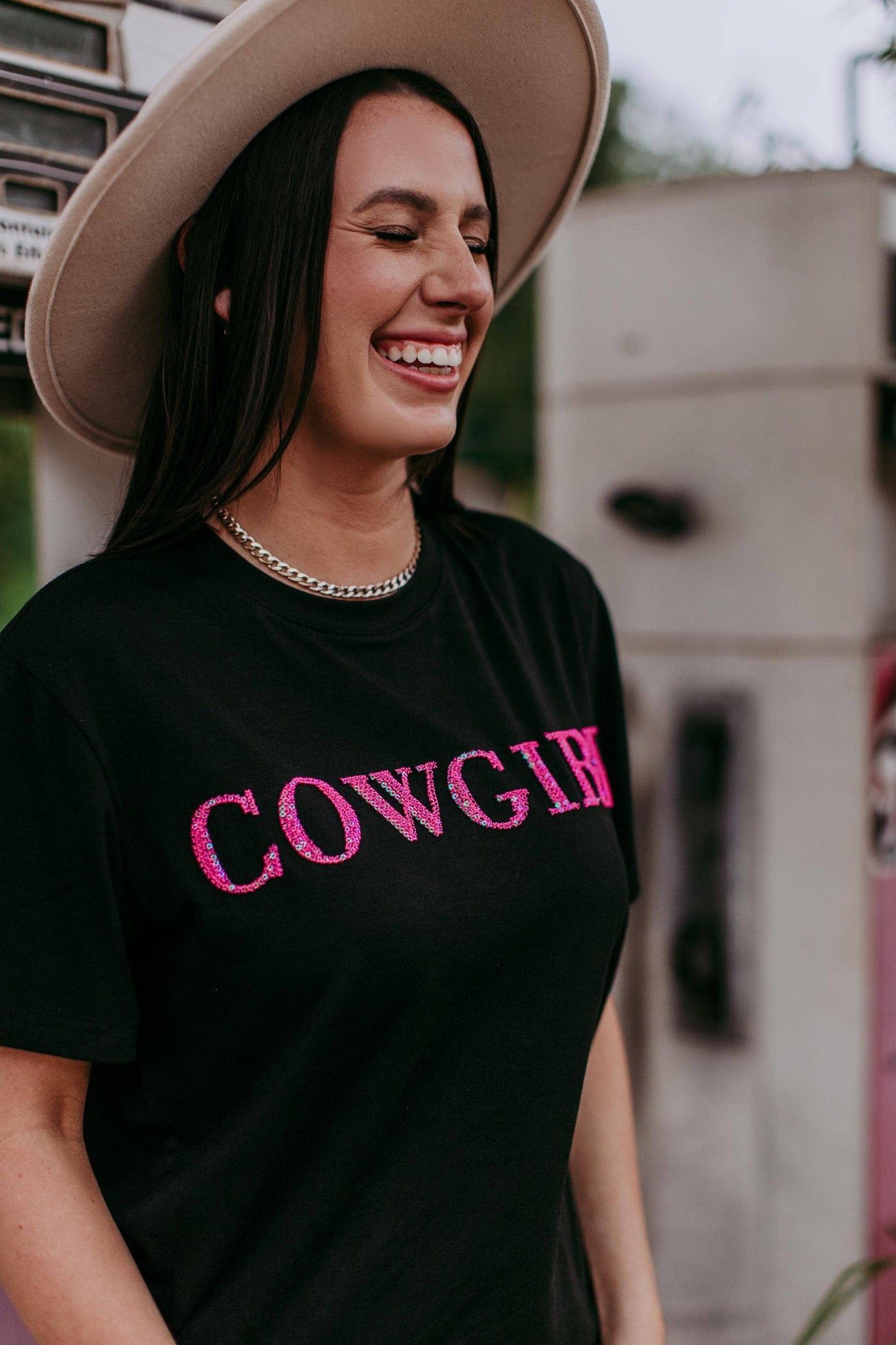 MK406 Cowgirl 3D Pink Sequin Embroidered Tee