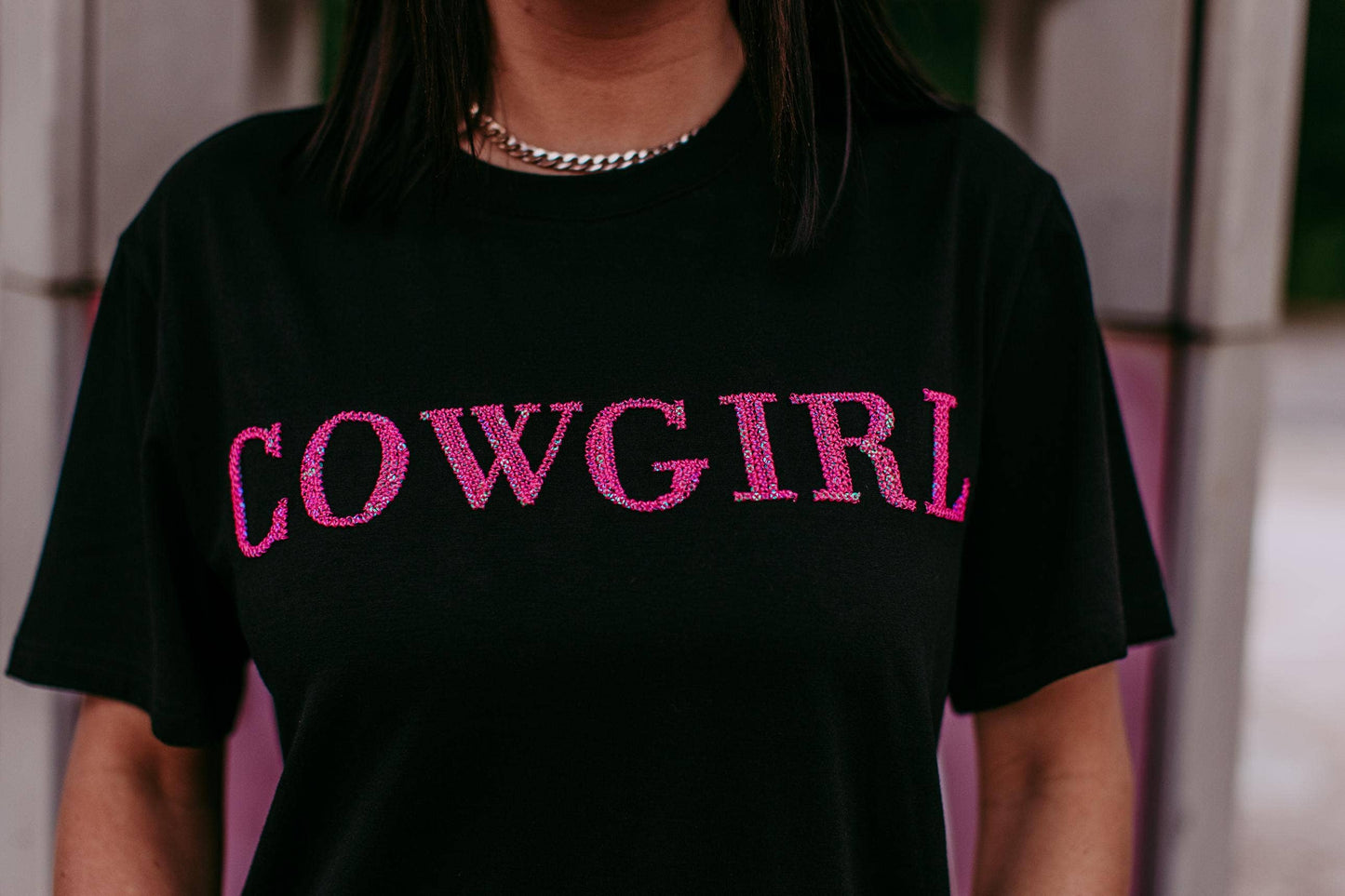 MK406 Cowgirl 3D Pink Sequin Embroidered Tee