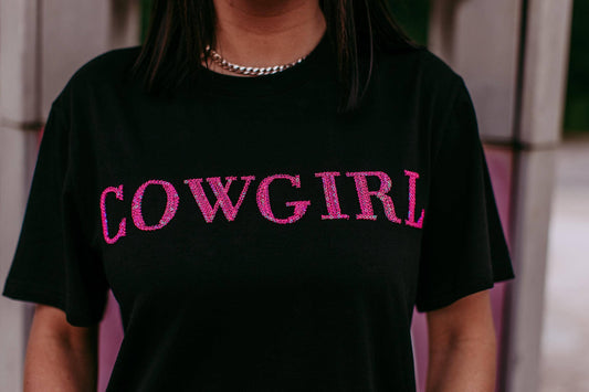 MK406 Cowgirl 3D Pink Sequin Embroidered Tee