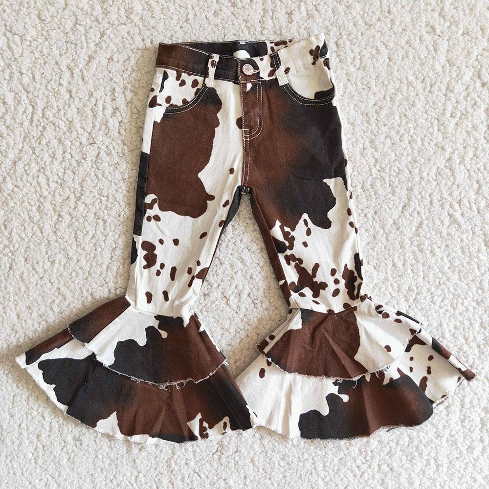 Cow print ruffle denim jeans