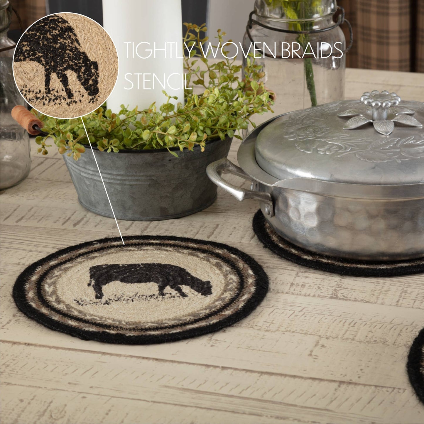 Charcoal Cow Jute Trivet 8"