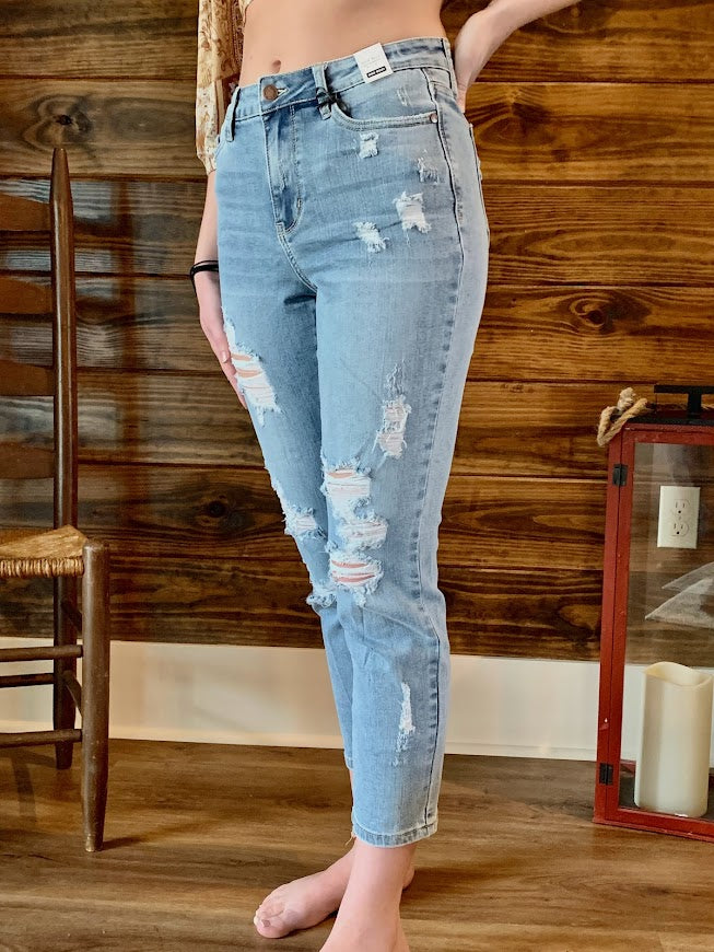 Hi-Waist Destroyed Boyfriend Jeans - Sweetwater Boutique 