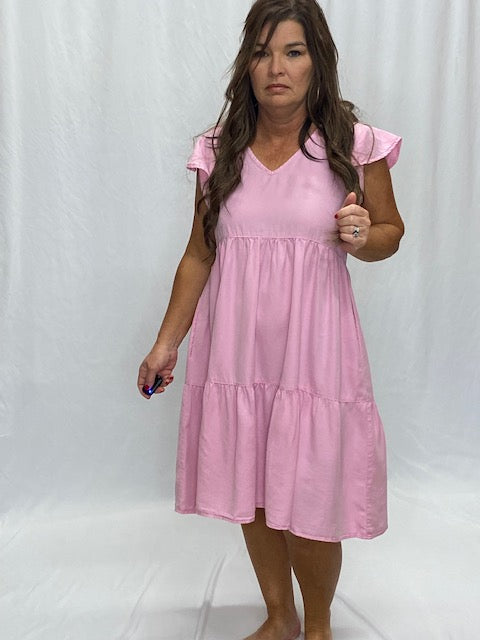 Chambray Flutter Sleeve Mini Dress - Sweetwater Boutique 